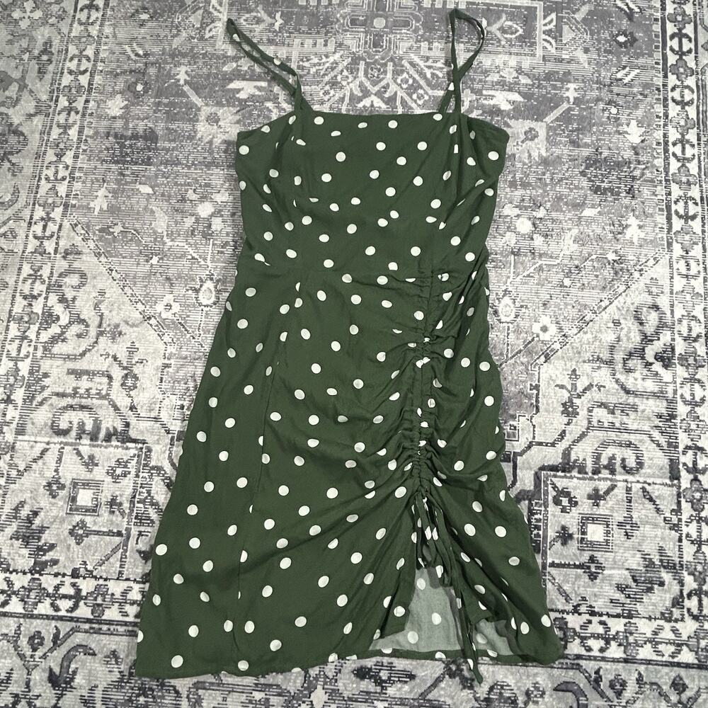 Aéropostale Green White Polka Dot Ruched Midi Dress XS Smocked Back